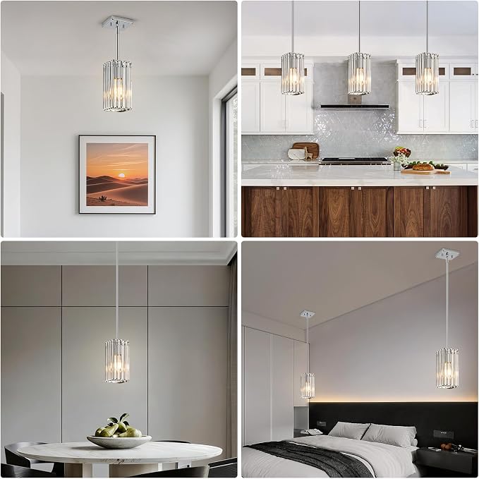 Modern Crystal Pendant Lights Kitchen Island, 2-Pack Chrome Hanging Light with Clear Crystal Shade, Adjustable Height Pendant Lighting for Kitchen Island Dining Room Bedroom Bar Entryway
