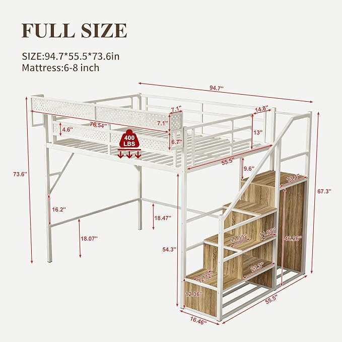 Full Size Metal Loft Bed with Storage Stairs, Wardrobe & Charging Station | Storage Shelve Convertible Staircase,LED Lights, Solid Wood Stairs, Safety Guardrail, Noise-Free, No Box Spring Needed