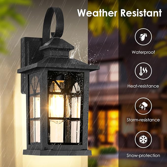 2-Pack Dusk to Dawn Outdoor Wall Light Fixtures, 100% Aluminum | Auto ON/OFF, Waterproof, Rust-Resistant, Sturdy Glass, Standard E26 Sockets, Easy to Install