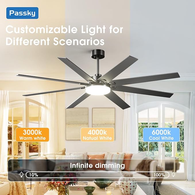 72 inch Ceiling Fans with Lights, Large Modern Ceiling Fan with Light and Remote Control, Reversible, 3CCT, Dimmable, Quiet, Black Ceiling fan For Bedroom, Living Room, Patio Farmhouse, Indoor/Outdoor