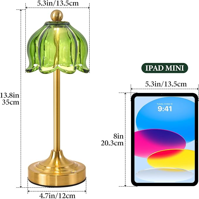 Set of 2 Vintage Cordless Green Glass Tulip Table Lamps, Accent Light