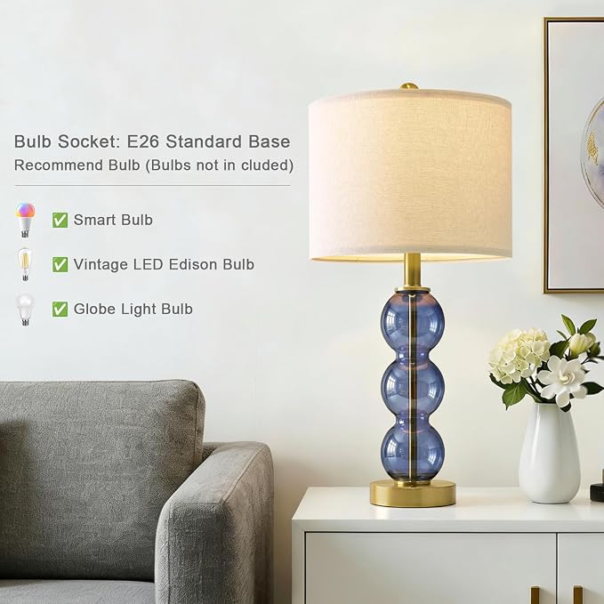 25" Blue Table Lamps for Living Room, Glass Modern Table Lamp Set of 2, USB Charging Ports, Linen Shade, Bedside Lamps for Bedroom, Nightstand, Side Table