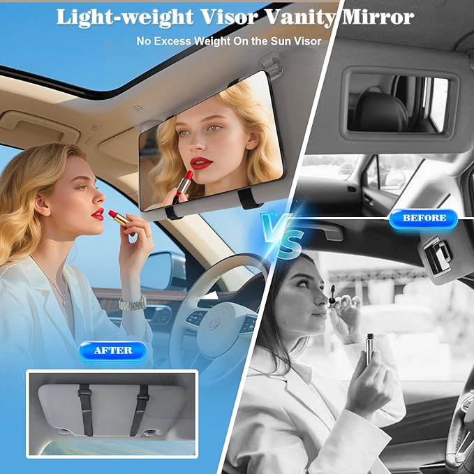 Large Car Visor Mirror,10" Vanity Makeup Mirror Wide View, Lightweight Car Makeup Mirrors for Large Sun Visor, Vehicle Accessories with Secure Reinforced Flexible Mount