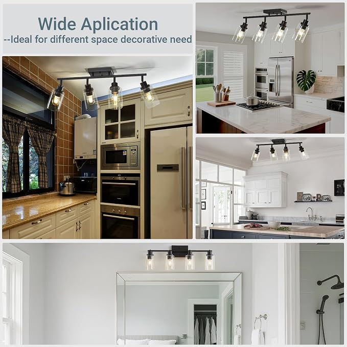 LOUSACE 4 Light Kitchen Track Light Fixtures Ceiling Vanity Lights Black, Bathroom Track Lighting Kit w/Rotatable Heads & Clear Glass Shade, Modern Wall Ceiling Tracking Light for Accent Shop Hallway