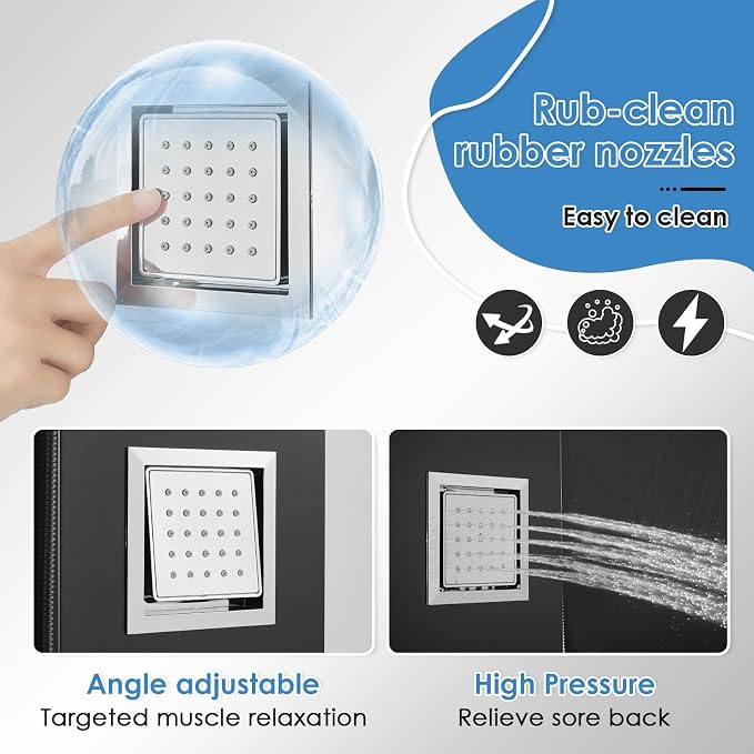 ROVOGO Shower Panel Tower System with Led Lights - Battery Powered, 46.5" | Rainfall Waterfall Shower Head, 2 Body Jets, Handheld and Tub Spout, Stainless Steel Shower Column with Brass Valves, Black