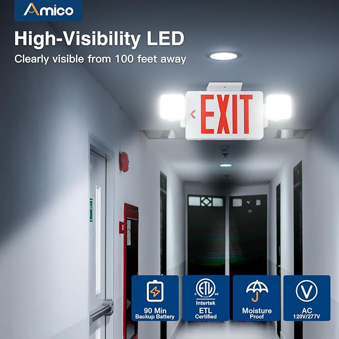 Amico 4 Pack Double-Sided Exit Sign with Emergency Lights, Two LED Adjustable Head with Battery Backup, ETL Certified, AC 120/277V, Commercial Emergency Lights Combo for Business