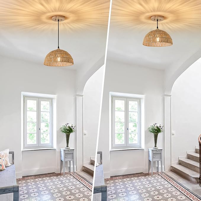 13 Inch Rattan Pendant Lights Farmhouse Boho Chandelier Light Fixture Rustic Wicker Hand Woven Pendant Hanging Light for Dining Room Kitchen Bedroom Foyer Hallway