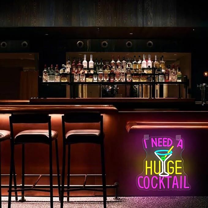 Cocktail Neon Sign I Need A Huge Cocktail Led Neon Lights, Bar Lights for Wall Decor, Colorful USB Light Up Sign Letter Neon Wall Decor for Gift Store Beer Bar Restaurant Man Cave Hotel Bedroom Window Cafe Bistro Club Party