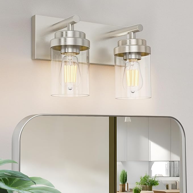 IZORRO Bathroom Vanity Light Fixture, 2-Light 15 Inch Brushed Nickel Bathroom Light Fixtures Over Mirror, with Clear Glass Shade, Modern Farmhouse Vanity Lights, Rustic Restroom Lighting Fixtures