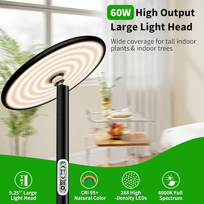 Grow Light for Indoor Plants, 60W Full Spectrum LED 85” Tall Standing Plant Light, Custom 1–23H Daily Cycle Timer, Digital Display, 10-Level Dimmable, 4000K