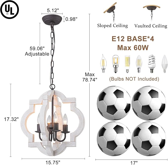 16" Farmhouse Chandelier Distressed White Wood Dining Room Light Fixture | Oak, Rustic Country Style, 4-Light Lantern Hanging Pendant Light For Foyer Entryway Kitchen Island Bedroom Stair Over Table