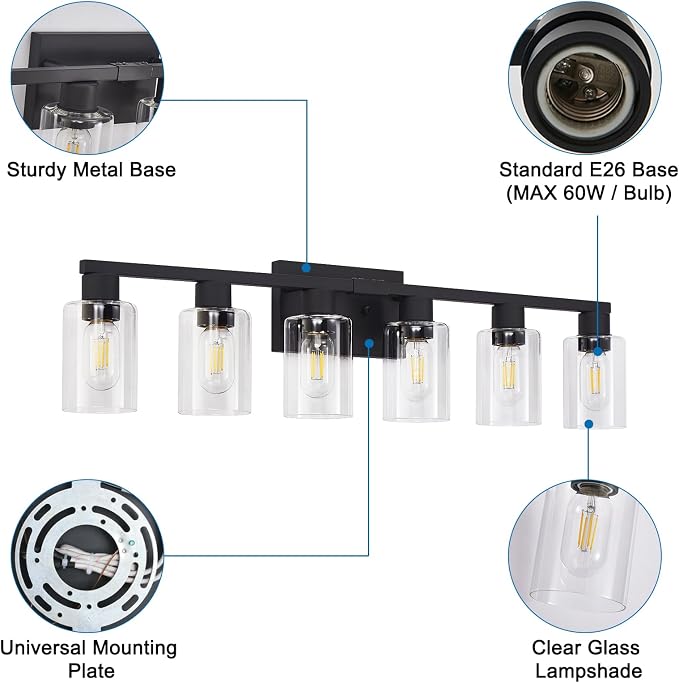 Black Bathroom Light Fixtures, 6-Light Bathroom Lighting Fixtures Over Mirror with Clear Glass Shade, Matte Black Vanity Lights, 6 Light Count Large Vanity Light Fixture for Bath, Mirror,Wall Sconce