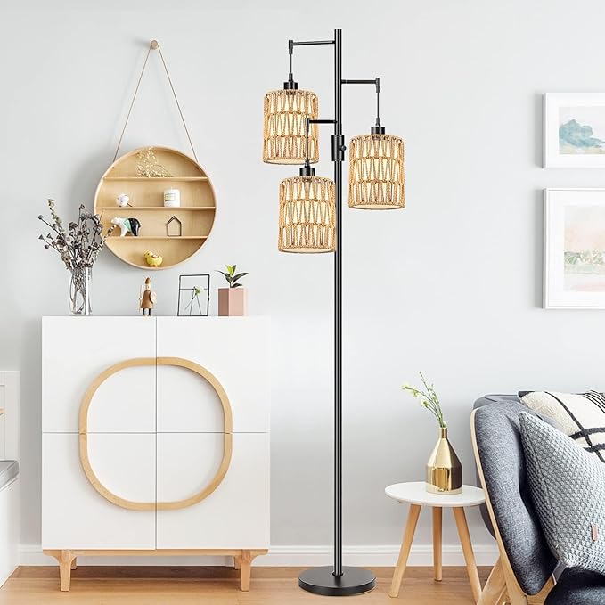 Boho Floor Lamp for Living Room Bedroom-3 Light Dimmable Floor Lamp with Three Led Bulb, Rustic Tall Lamp Black Standing Lamp Tree Floor Lamps for Living Room Bedroom,Office,Corner
