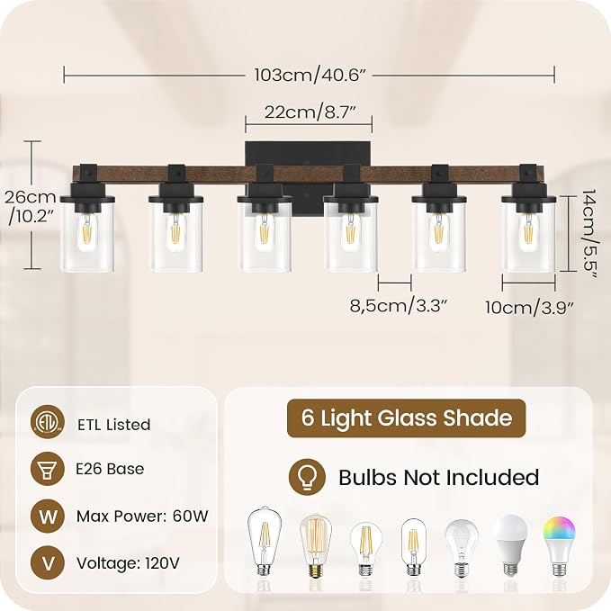6-Light Bathroom Light Fixtures, Farmhouse Vanity Lights for Bathroom with Glass Square Shade, Rustic Vanity Lights, Sconce Wall Light, E26 Base (Bulbs Not Included), ETL Listed FS12BD05