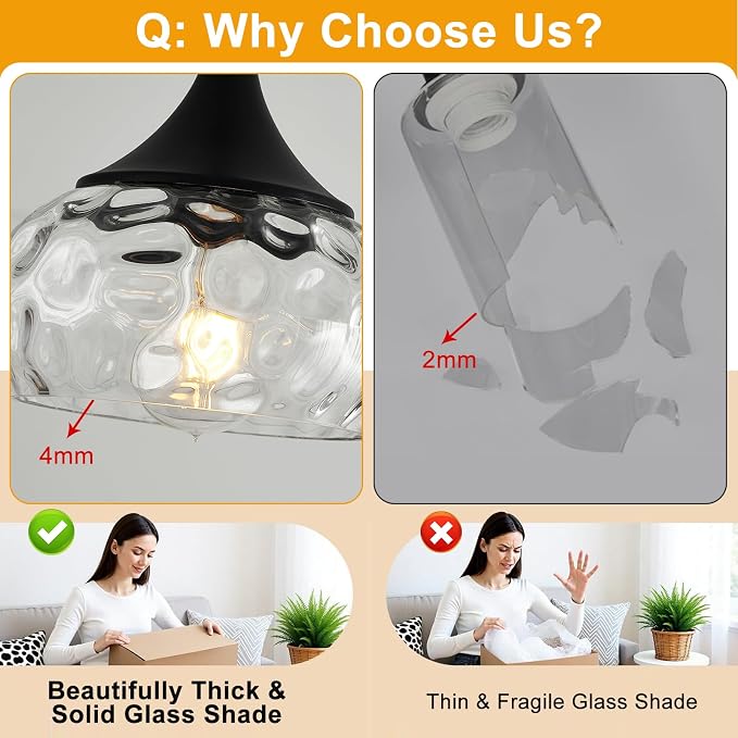 Modern Pendant Lights Kitchen Island, Matte Black Pendant Light Fixtures with 8.5" Clear Hammered Glass Shade, Industrial Hanging Pendant Lights Fixture for Kitchen Island Dining Room Entryway 1 Pack