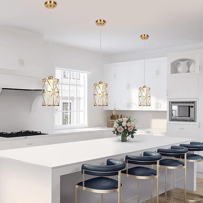 5.4"×7.9" Brushed Gold Pendant Light, Modern Kitchen Pendant Lighting Over Island, Pendant Lighting with Clear Glass Shade, Glass Pendant Lights Kitchen Island, Foyer, Dining Room, Entryway