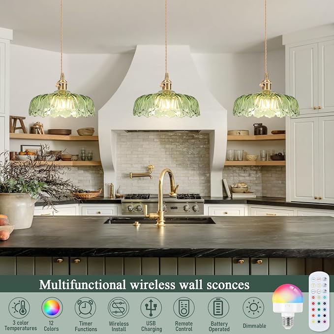Battery Operated Pendant Light,Vintage Light Fixtures RGB Light Bulb 2500mAh 9.4in Green Modern Chandelier with Remote Control Wireless Adjustable Rechargeable Chandelier for Kitchen Island 1Light