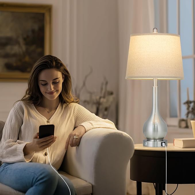 26" Silver Table Lamp for Bedroom, Touch Control Bedside Lamp for Nightstand with Charging Port, 3-Way Dimmable End Table Lamp for Living Room (1 Pack)