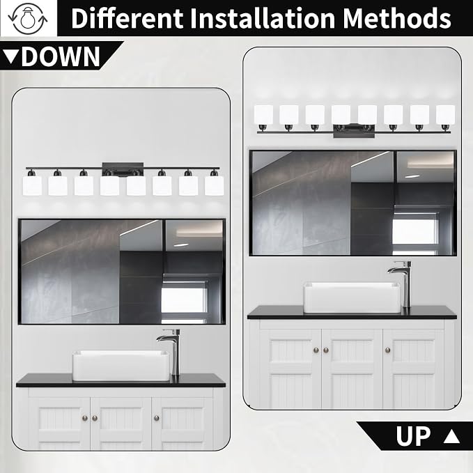 8 Light Black Bathroom Light Fixtures Over Mirror for Big Mirror, Modern Bathroom Lighting with Milky White Frosted Glass Shades,51 inch Lights for Vanity for Mirrors, E26