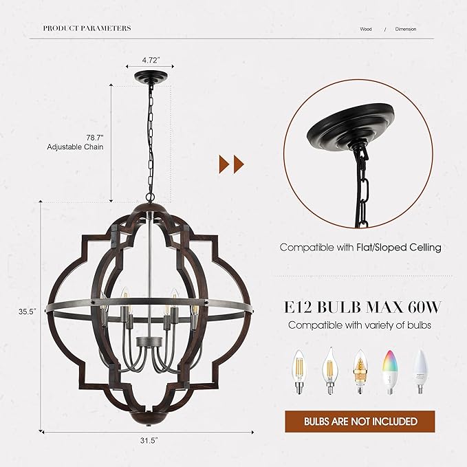 31.5'' 8-Light Farmhouse Chandelier for Dining Room Vintage Rustic Oak Brown Wood Pendant Light Fixtures Globe Hanging Ceiling Lighting for Hallway Entry