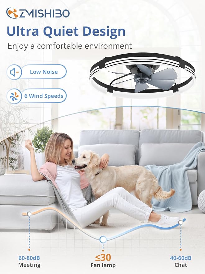 ZMISHIBO Low Profile Ceiling Fans with Lights and Remote, 24 “ Black | 3000K-6000K Dimmable Fandelier LED, Flush Mount, 6 Wind Speeds, Reversible, Timer, Bedroom, Living Room, Kitchen, Kids Room
