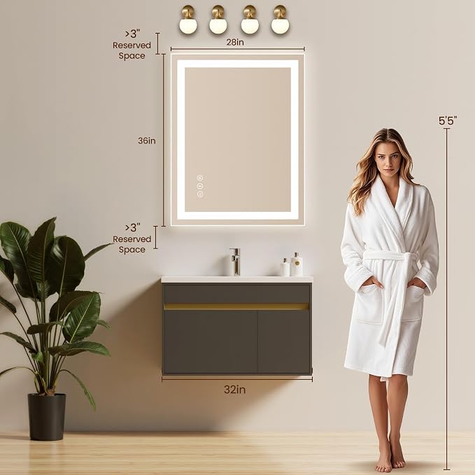 28x36 LED Bathroom Mirror with Anti-Fog, Backlit & Front Lit, Memory | Stepless Dimmable 3 Color CRI 95+ Shatterproof Tempered Glass ETL Listed for Safety Lighted Bathroom Vanity Mirror for Wall