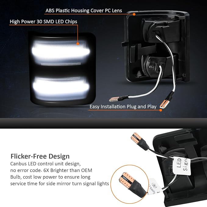 Side Mirror Lights Smoked Lens White for 2008-2016 Ford F250 F350 F450 F550 | LED Side Mirror Marker Lights, White Turn Signal Mirror Light, Replace OEM Mirror Marker Lamps, Pack of 2