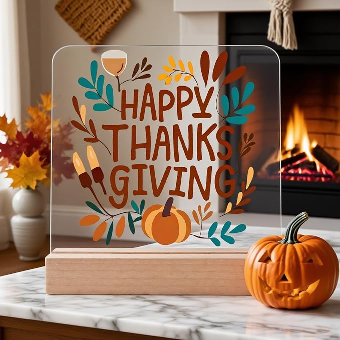 Happy Thanksgiving Desk Decor Gifts Autumn Table Decorations for Desk Plaque Clear Acrylic Sign with Wooden Stand for Fall Party Decorations Home Office Decorative Signs