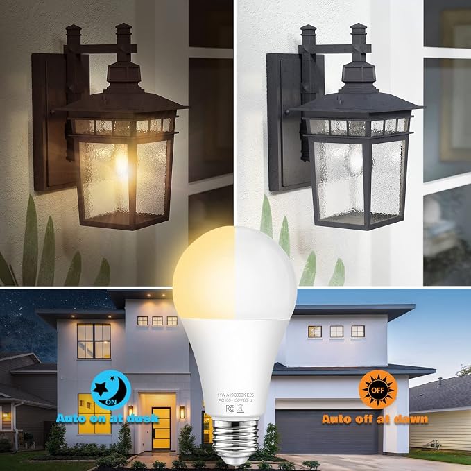 A19 Dusk to Dawn Sensor Light Bulbs Outdoor 100 Watt Equivalent, 11W Automatic On/Off LED Bulbs Warm White 3000K, 4-Pack 1200lumens Outdoor Smart Bulbs Photocell for Porch Garage Security, E26 Base