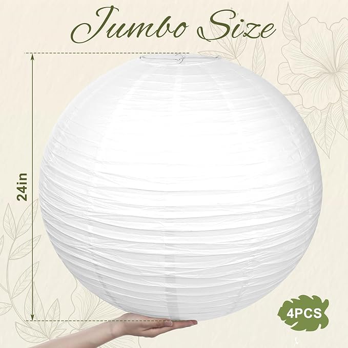 Woanger 4 Pack 24 Inch Large Paper Lantern Shade Jumbo White Japanese Chinese Round Hanging Japanese Paper Lantern Lamp for Home New Year's Eve Valentines Wedding Party Ceiling Decoration