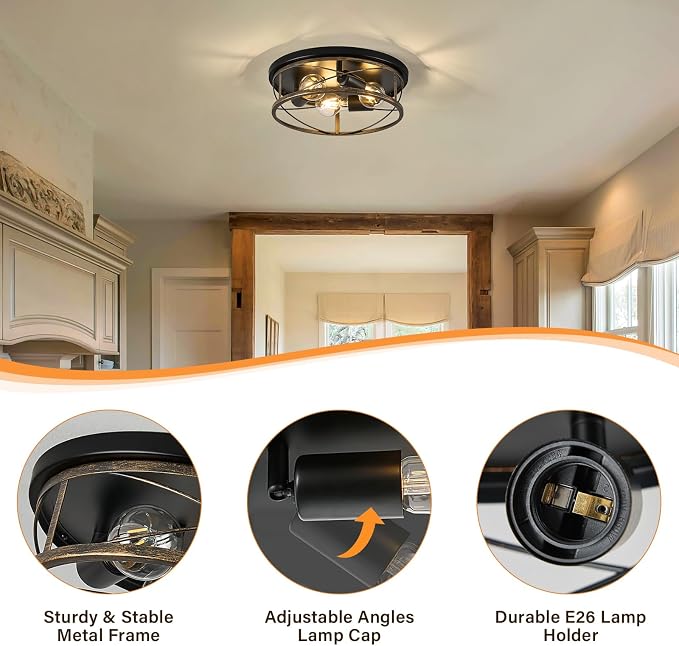 Farmhouse Light Fixtures, Rustic Black Round Metal Flush Mount Ceiling Light, 3-Light Cage Ceiling Lamp for Kitchen, Foyer, Bedroom, Hallway（Bulbs Not Included）