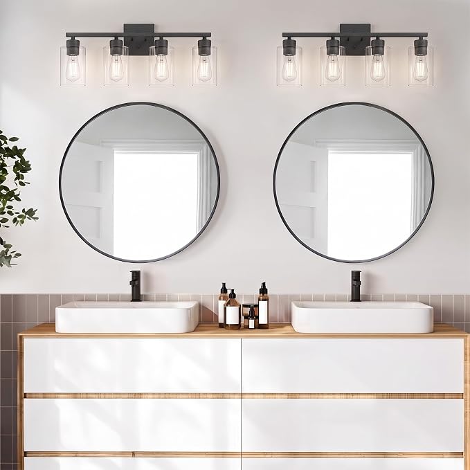 4 Light Bathroom Vanity Light - Matte Black Bathroom Light Fixtures UL Certification, Round Light Fixture Over Mirror, Farmhouse Light Fixtures for Bathroom & Bedroom