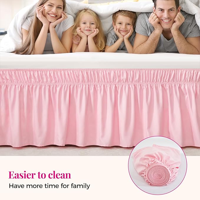 RIMELA Pink Bed Skirt King Size 15 Inch Drop, Elastic Bed Skirting for Bed Base and Frame, Bedding Dust Ruffle Easy to Install, Lightweight Comforter Set with Wrap Around Adjustable Bedskirt