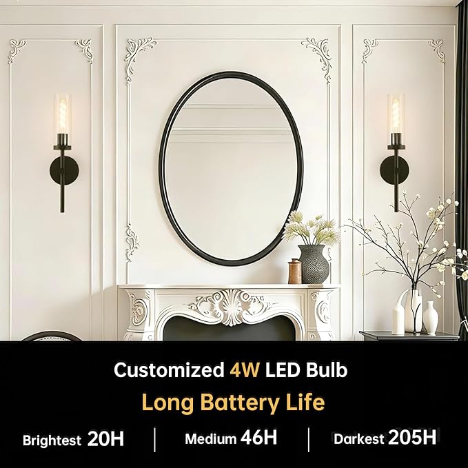 Shenmoyl Battery Operated Wall Sconces Set of 2, Black Rechargeable Wall Lighting Fixtures, Dimmable Wall Lights with Remote & Clear Glass Shade for Living Room, Bathroom,Bedroom