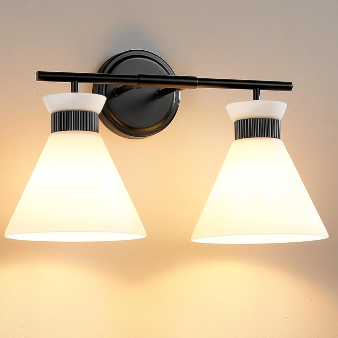 WOSHITU Black Bathroom Vanity Light Fixtures: Bathroom Lighting Fixtures Over Mirror 17.3 inch with Milky White Frosted Glass, 2-Lights Mid Century Modern Vanity Lighting Wall Light(Exclude Bulb)