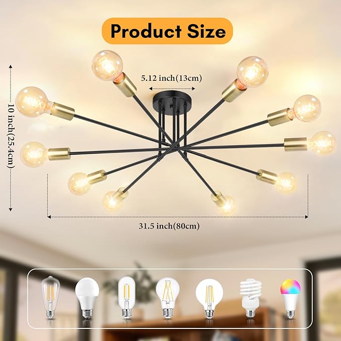 Semi Flush Mount Ceiling Light Fixture, 10-Light Modern Black and Gold Sputnik Chandelier Industrial Ceiling Lamp for Kitchen Dining Room Living Room Bedroom Foyer