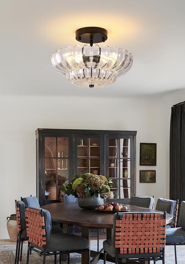 Semi Flush Mount Ceiling Light, Vintage Black Close to Ceiling Light Fixture with Glass Shade, Mid Century Modern Lighting for Bedroom Hallway Kitchen Laundry-Clear
