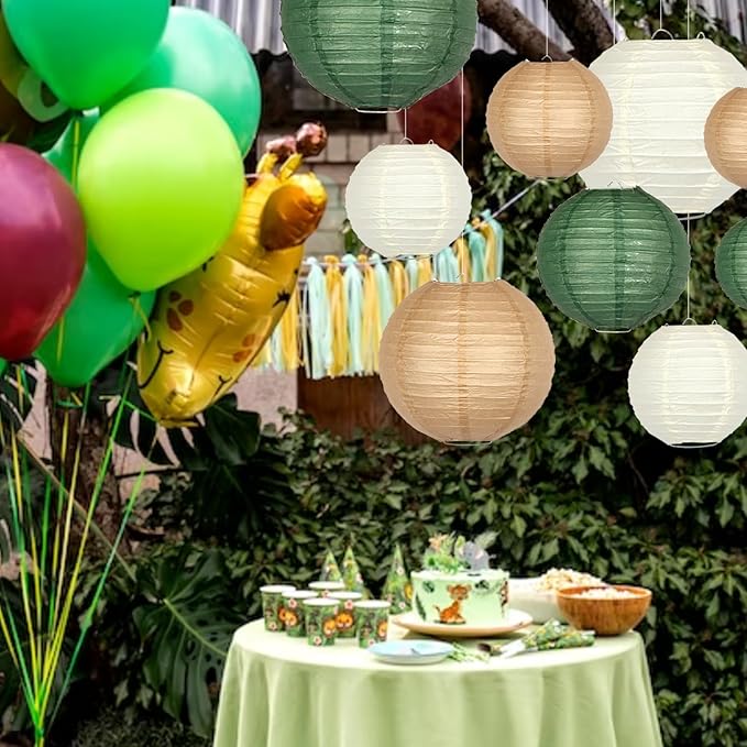 15 Pcs Dark Green Brown Hanging Paper Lanterns 4-12 Inch - Forest Woodland Baby Shower Decorations with Clear Fishing Line, Jungle Safari Birthday Party and Rustic Wedding Decor