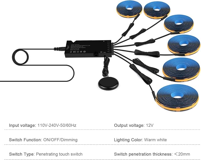 Black Cabinet Light COB LED Strip Lights | 6 pack penetrable touch dimmable ideal for display cabinet and wine rack decorative lighting (Warm Light, 6.6ft / 2M)