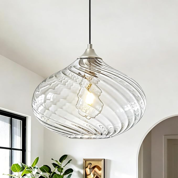 11in Nickel Pendant Lights Kitchen Island with Clear Glass Shade 1Pack | Handcrafted Glass Pendant Light Fixtures, UL Certified, E26 Base 100W Max, Height-Adjustable, Dimmable Hanging Pendant Light