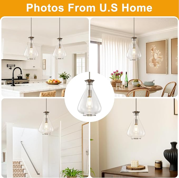 2 Pack Modern Pendant Lights Kitchen Island, Brushed Nickel Pendant Light Fixtures with 8.5" Clear Glass Shade,Industrial Hanging Pendant Lights Fixture for Kitchen Island Dining Room Bedroom Entryway