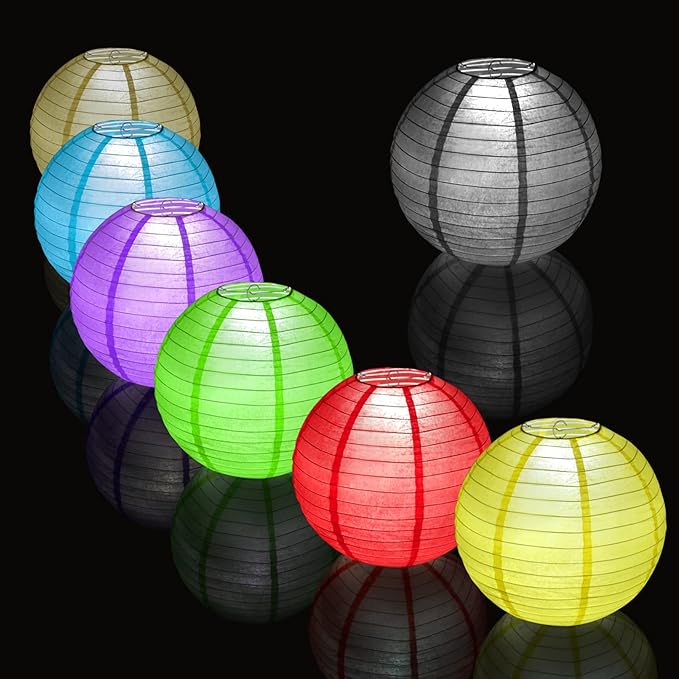 12pcs Black Paper Lanterns with 12pcs White LED Lights, 6" 8" 10" 12" Round Hanging Chinese/Japanese Ball Lantern for Wedding Anniversary Birthday Party Decorations