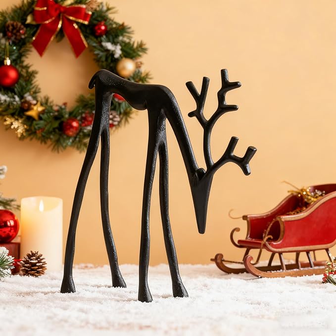 2 Pcs Christmas Reindeer Figurines Decor Xmas Tabletop Ornaments Black Deer Statue Ornament Imitation Metal Christmas Reindeer Statues for Living Room Patio Home Office Garden Backyard Decoration