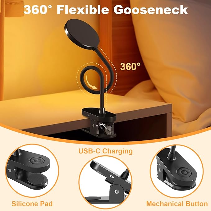 Rechargeable Clip on Light for Bed, 97 LED Cordless Reading Lamp with 3 Color Modes & 10 Brightness Levels, Portable and Flexible Book Light Clamp on Office Desk Bunk Bed Dorm Headboard (Black/4.7'')