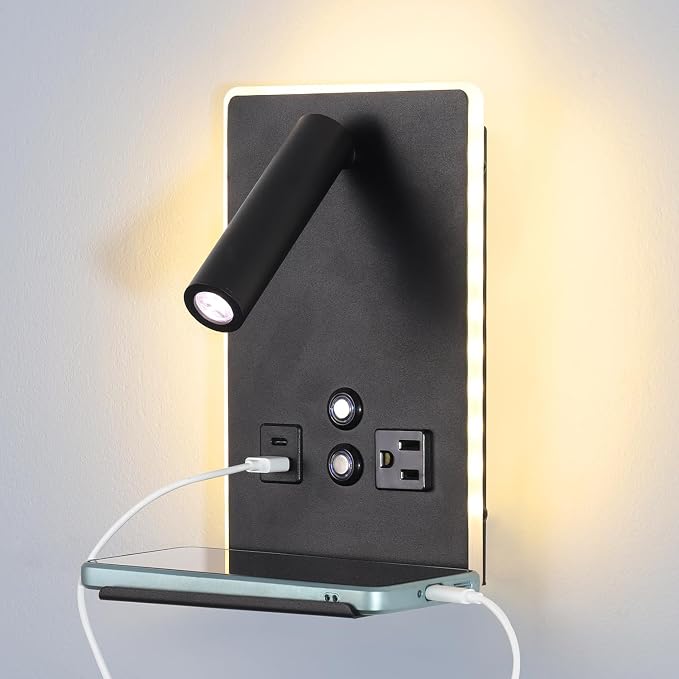 Wall Mounted Reading Light with Shelf - 3 Color Dimmable LED, 360° Adjustable Wall Lamp for Bedroom/Study, Touch Control (Black)