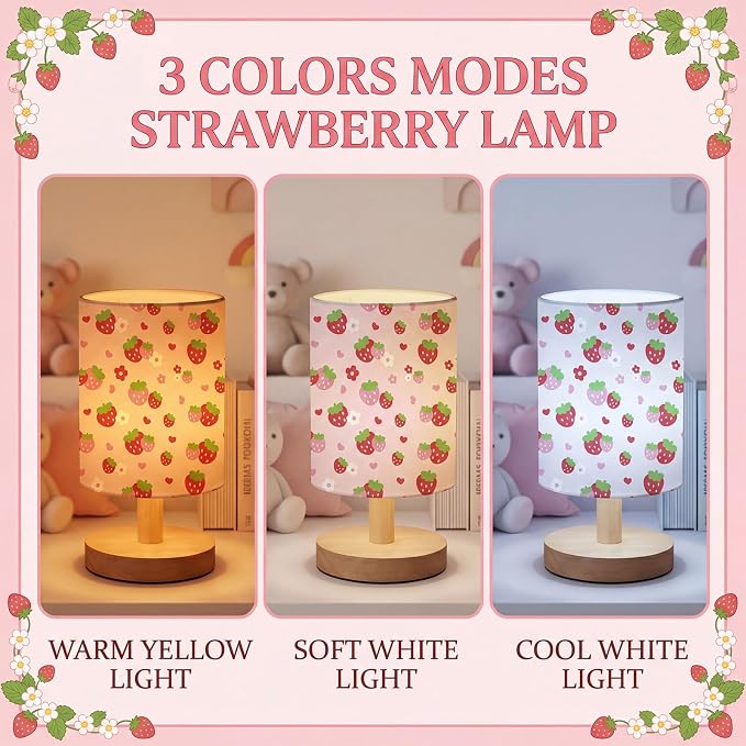 Strawberry Kids Table Lamp for Bedroom Kids Bedside Lamp with Linen Wooden Nightstand Cartoon Nursery Lampshade for Girls Boys Living Room
