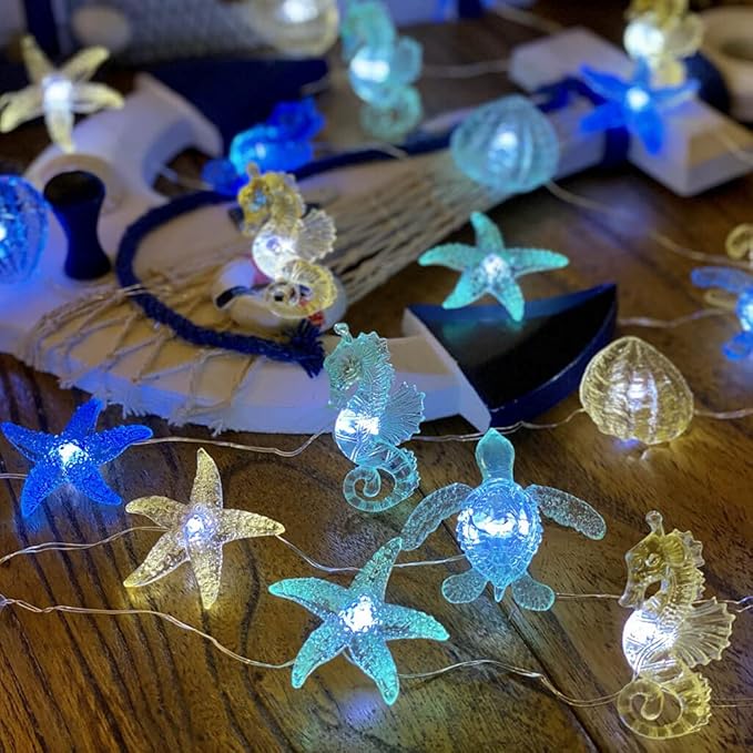 Ocean Themed String Lights Marine Life Night Light Beach Décor Sea Turtle Seahorse Starfish Clam Decorative Lights Battery Operated USB Plug in 30LED 10ft Christmas Tree Ornaments Holiday Bedroom