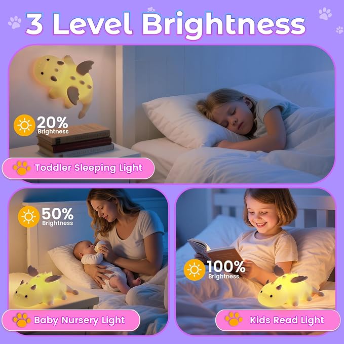 AVEKI Cream Dragon Night Light, Cute Baby Dragon Lamp Gifts for Kids, 10 Modes Adjustable Soft Silicone Baby Night Light for Nursery, Rechargeable Bedside Touch Lamp for Kids Room Bedroom