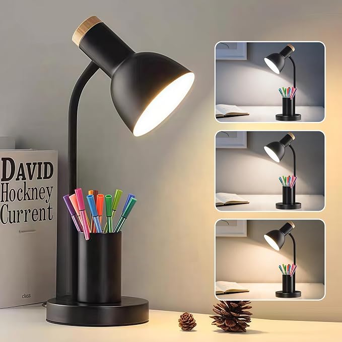 LED Desk Lamp for Home Office, Table Lamp with Pen Holder, 3 Color Modes Reading Light, Eye-Caring Desk Light with Gooseneck, Metal Study Lamp for Dorm Bedside Bedroom (Black Lamp)