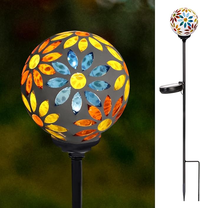VCUTEKA Decorative Solar Garden Lights, 3.5" Mosaic Globe Outdoor Stake | Mosaic Glass Globe Design, Solar LED Light, Waterproof Design, Auto On/Off and Metal Stake Design for Lawn and Patio